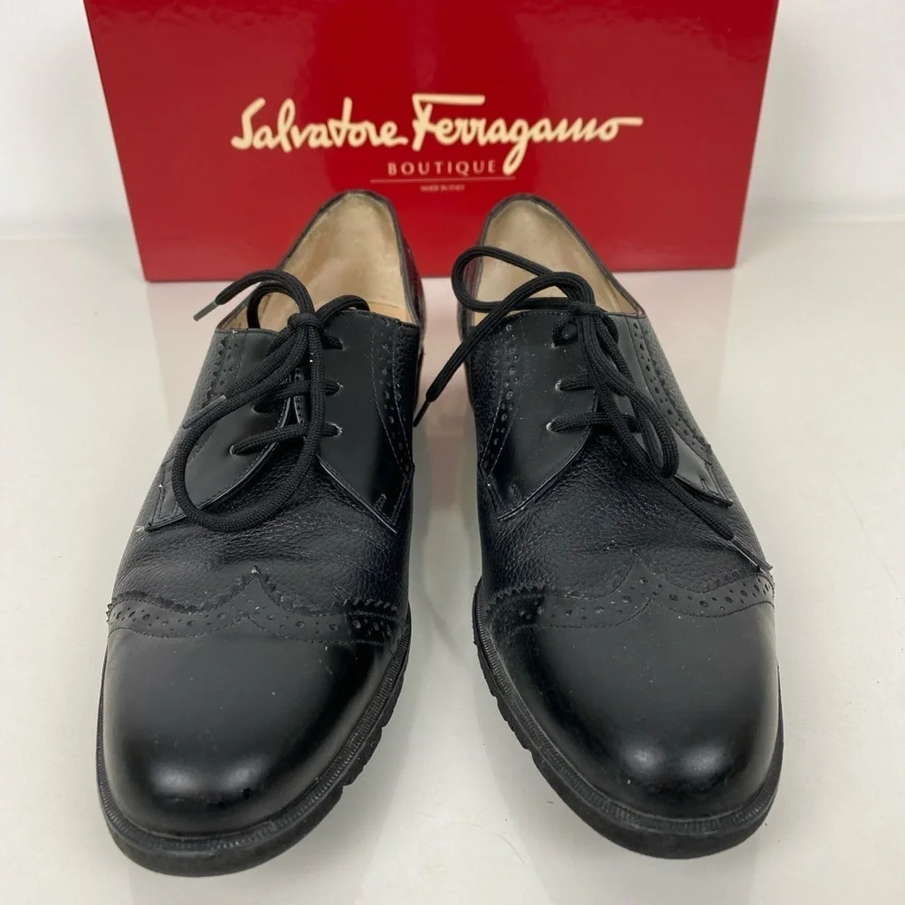 Salvatore Ferragamo Ferrara Women's 7 1/2 AA Black Leather Oxford Lace Up Shoes - Picture 3 of 14